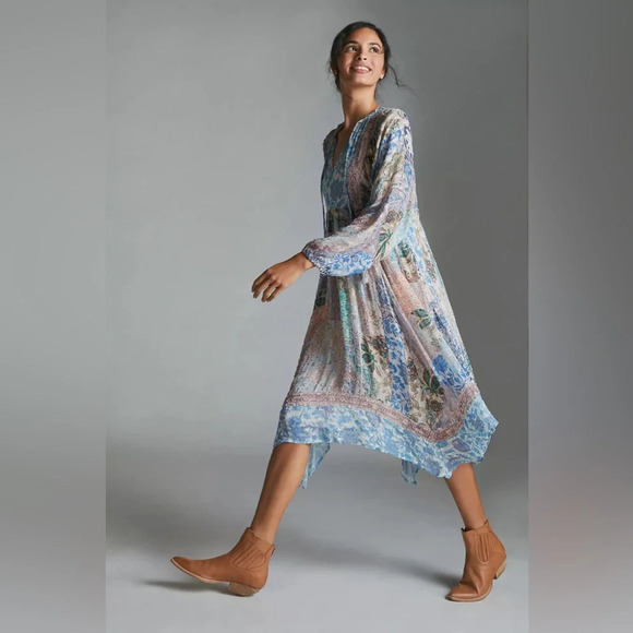 Anthropologie Sky Cressida Balloon Sleeve Midi Dress Tassel Beach Boho Fun Sz XS - Picture 2 of 14